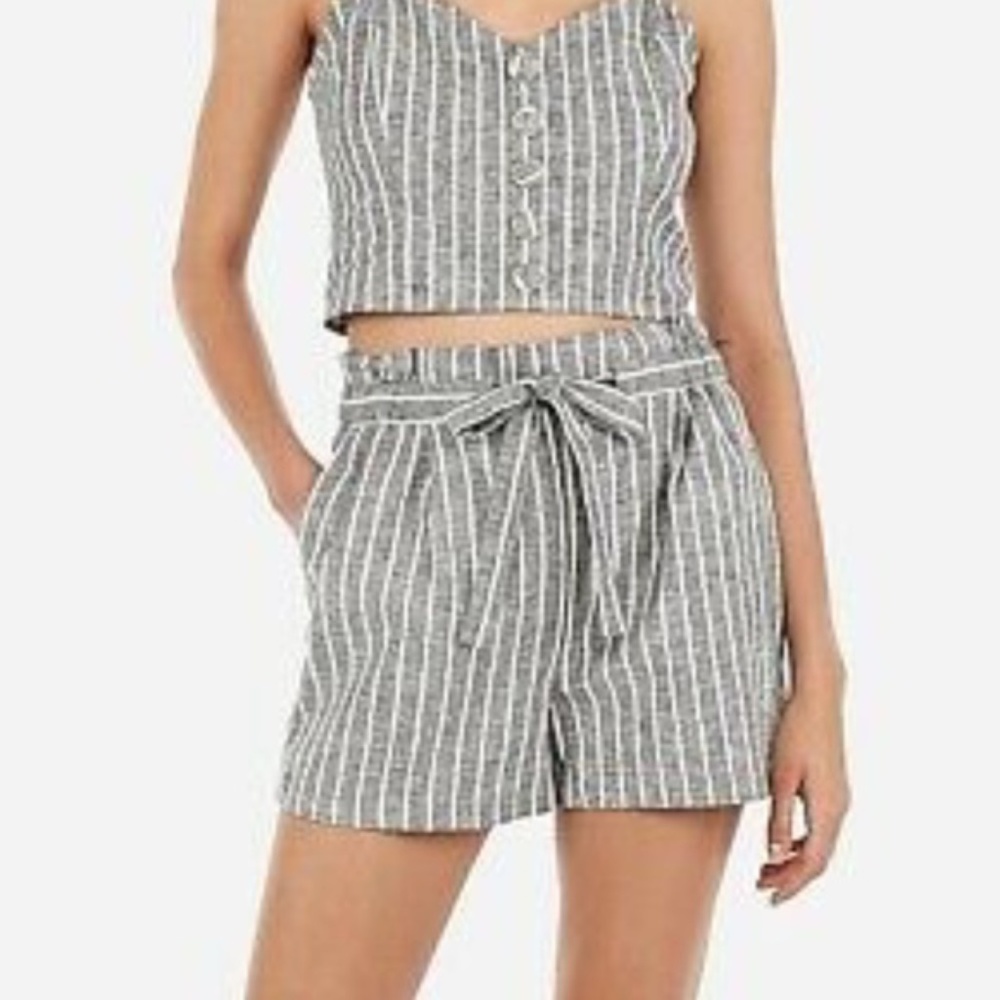 EXPRESS Gray Striped High Waisted Paper Bag Shorts